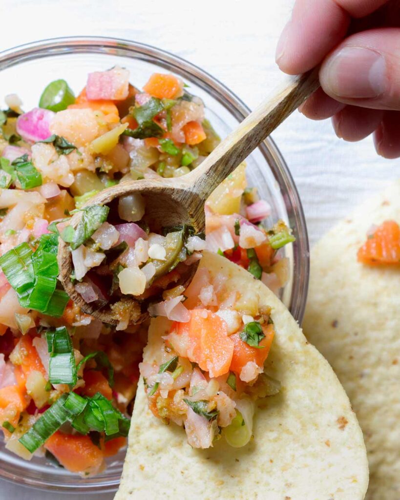 Veggie Ceviche on tortilla chip