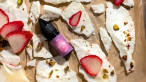 High Protein low sugar Strawberry Yogurt Bark on tray with flavours